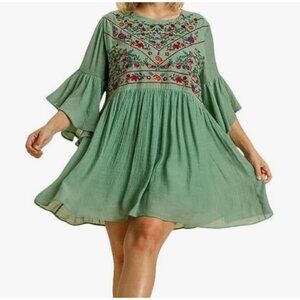 Umgee Boho Bliss Embroidered Bell Sleeve Dress Women's Medium Floral Sage Green